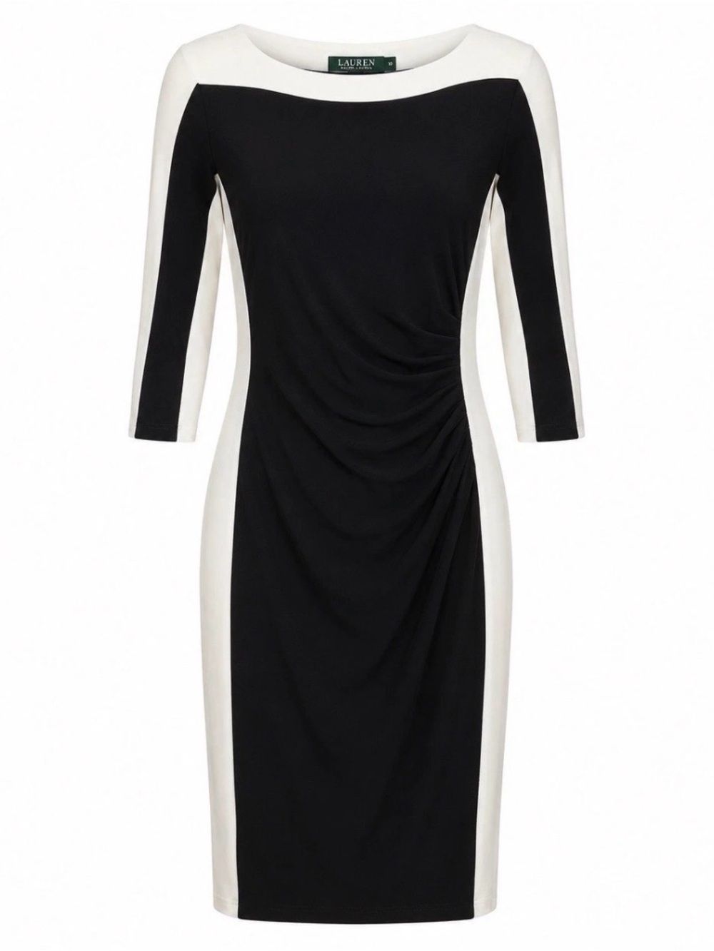 Ralph Lauren Black and White Contrast Ruched Midi Dress